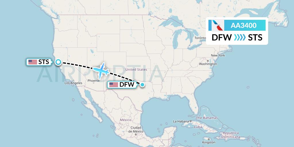 AA3400 American Airlines Flight Map: Dallas to Santa Rosa