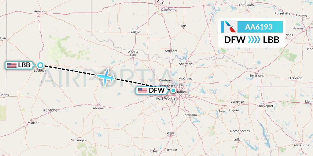AA6193 American Airlines Flight Map: Dallas to Lubbock