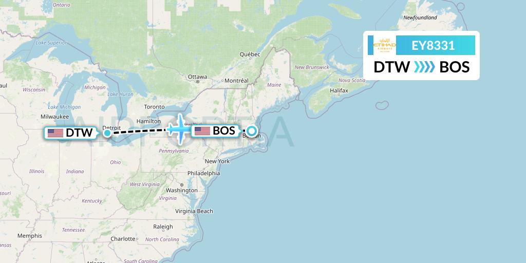 EY8331 Etihad Airways Flight Map: Detroit to Boston