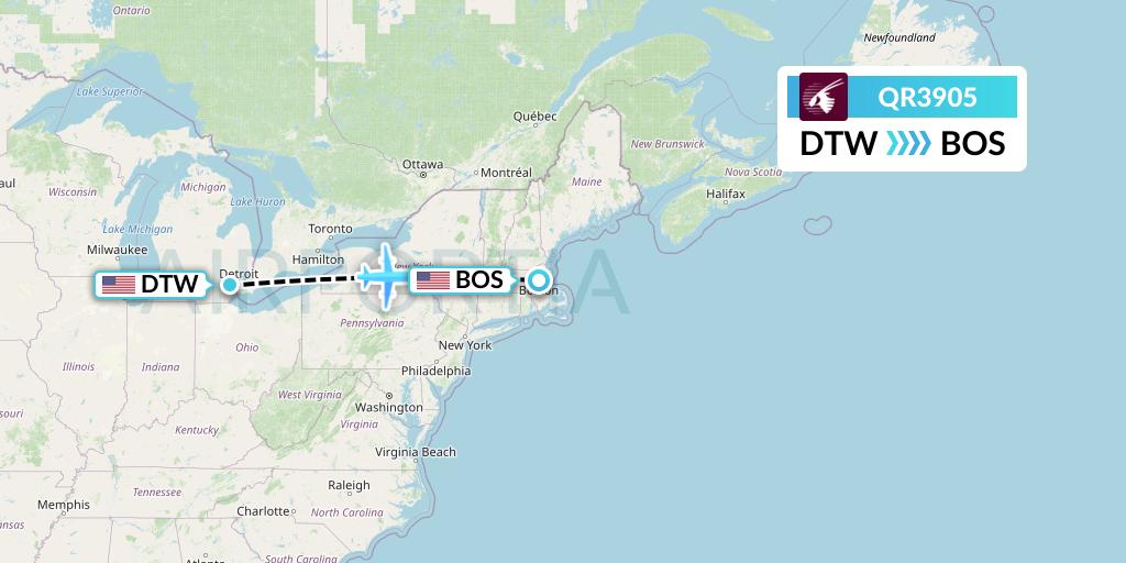 QR3905 Qatar Airways Flight Map: Detroit to Boston