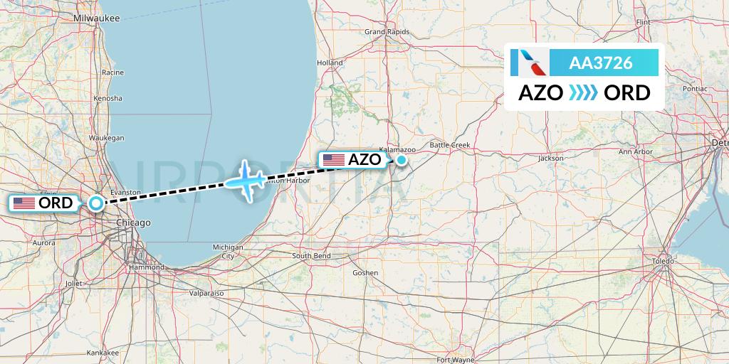 AA3726 American Airlines Flight Map: Kalamazoo to Chicago