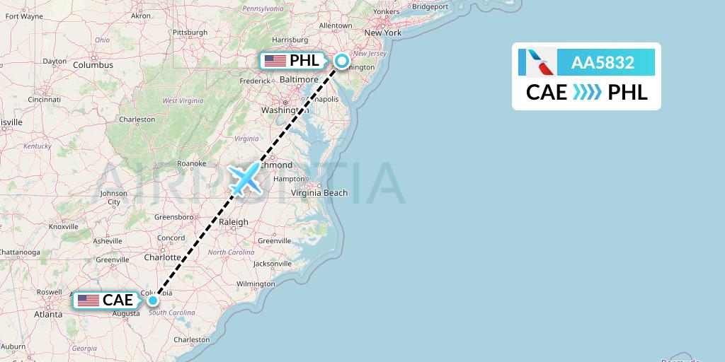 AA5832 American Airlines Flight Map: Columbia to Philadelphia