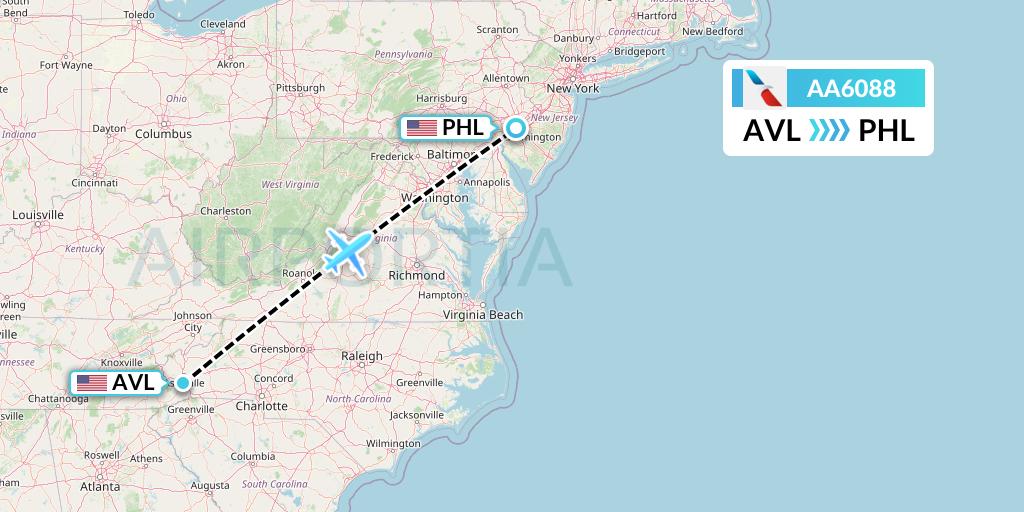 AA6088 American Airlines Flight Map: Asheville to Philadelphia