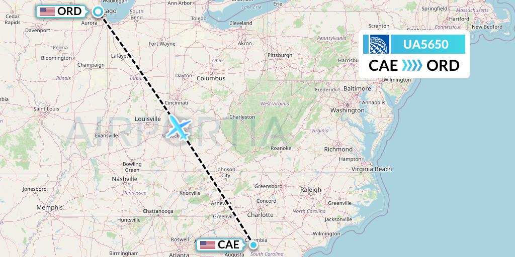 UA5650 United Airlines Flight Map: Columbia to Chicago