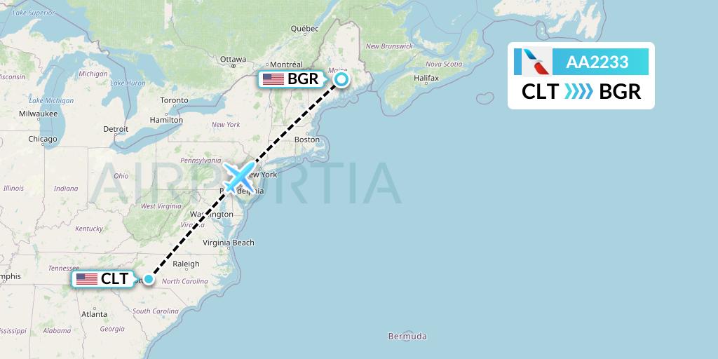 AA2233 American Airlines Flight Map: Charlotte to Bangor