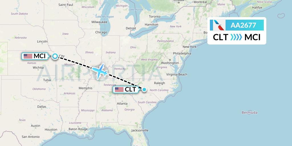 AA2677 American Airlines Flight Map: Charlotte to Kansas City