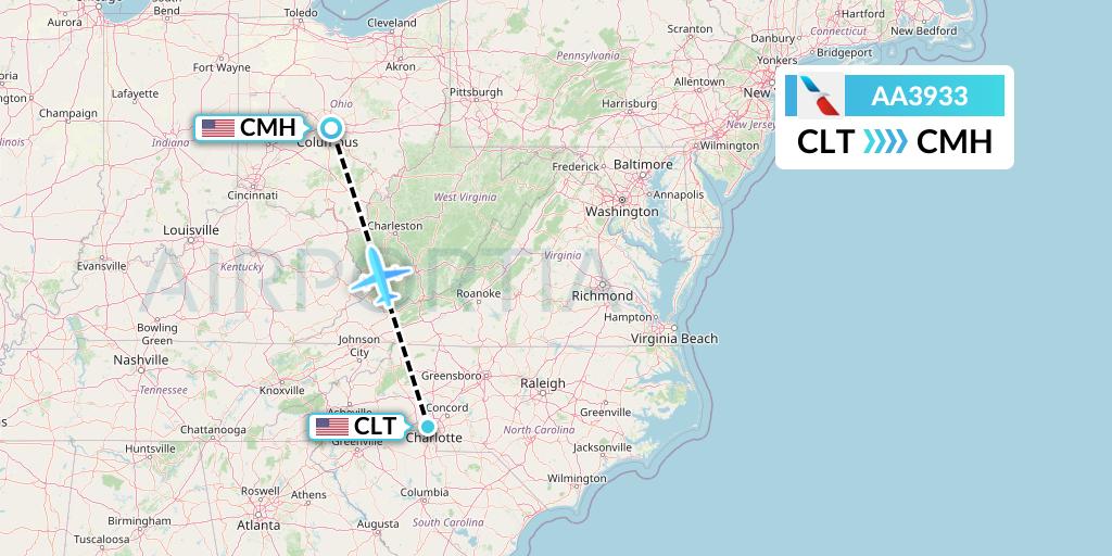 AA3933 American Airlines Flight Map: Charlotte to Columbus