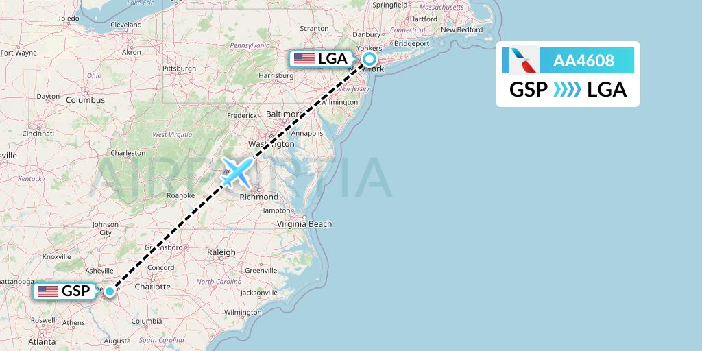 AA4608 American Airlines Flight Map: Greenville-Spartanburg to New York