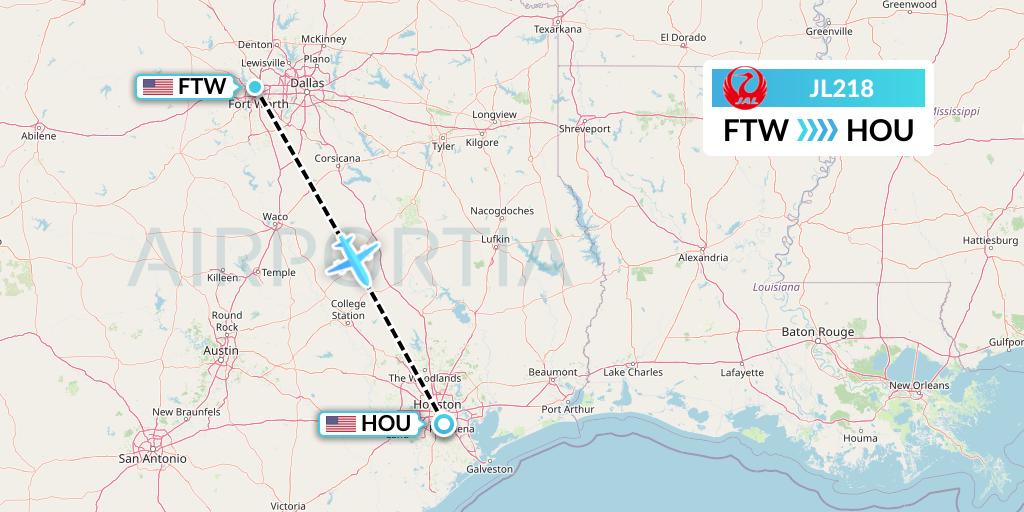 JL218 Japan Airlines Flight Map: Fort Worth to Houston