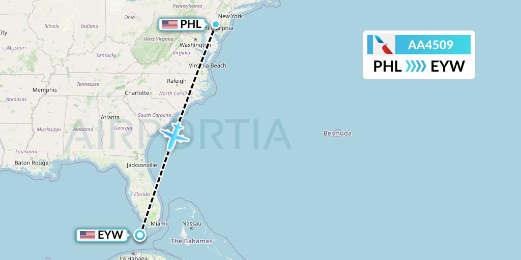 AA4509 American Airlines Flight Map: Philadelphia to Key West