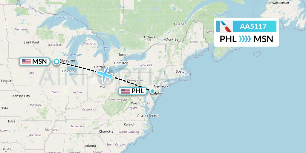 AA5117 American Airlines Flight Map: Philadelphia to Madison
