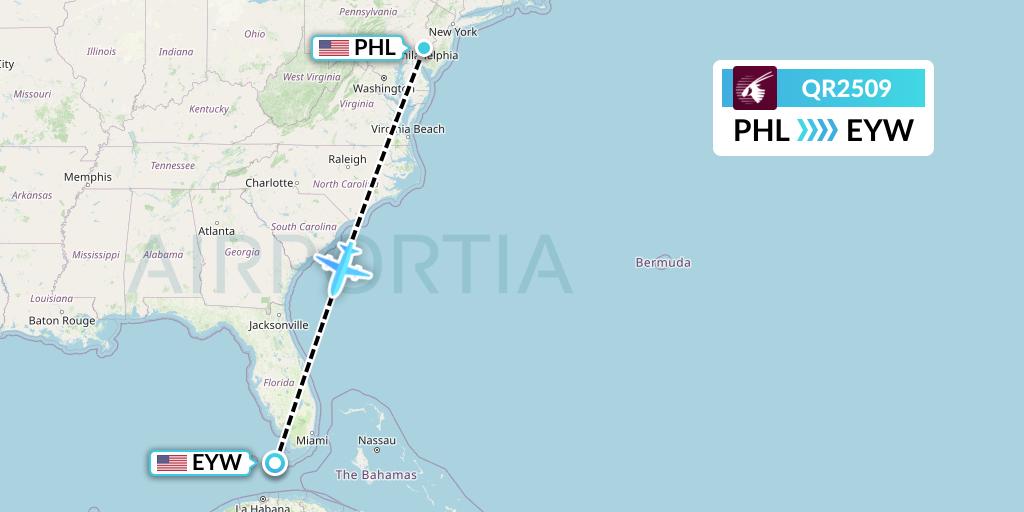 QR2509 Qatar Airways Flight Map: Philadelphia to Key West