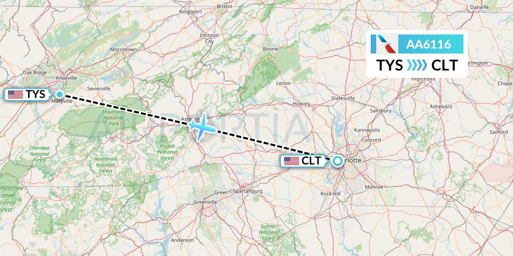 AA6116 American Airlines Flight Map: Knoxville to Charlotte