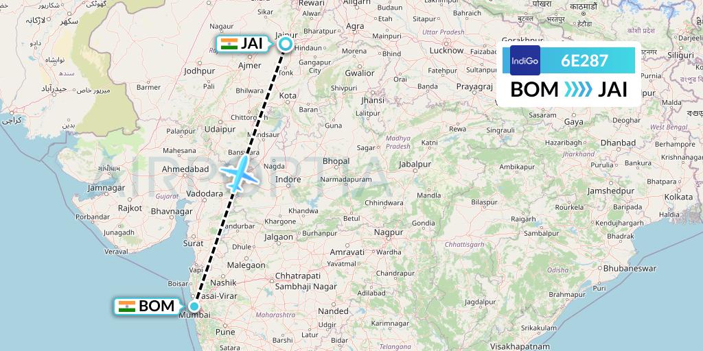6E287 IndiGo Airlines Flight Map: Mumbai to Jaipur