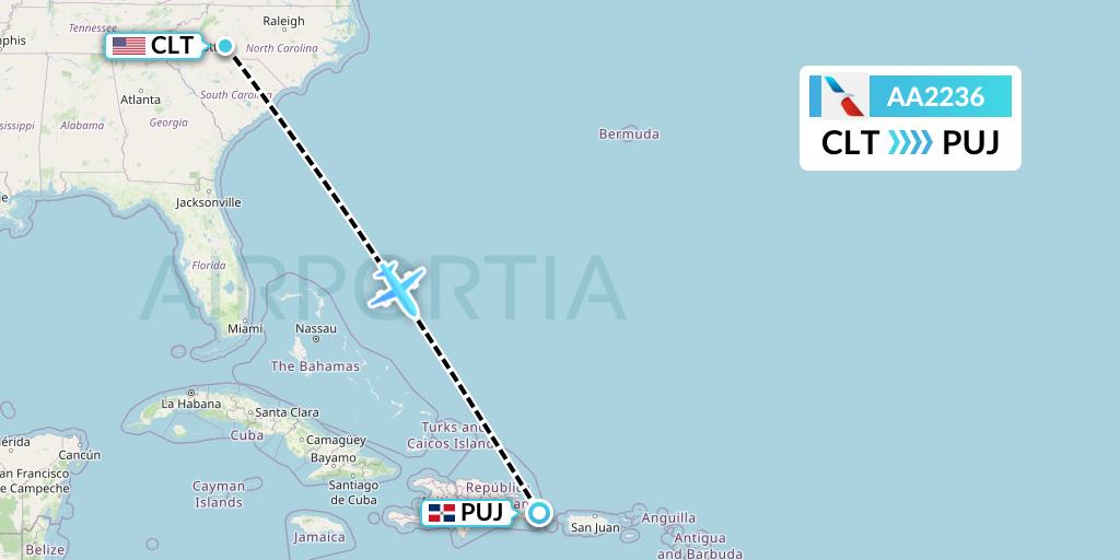 AA2236 American Airlines Flight Map: Charlotte to Punta Cana