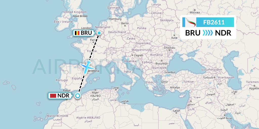 FB2611 Bulgaria Air Flight Map: Brussels to Nador