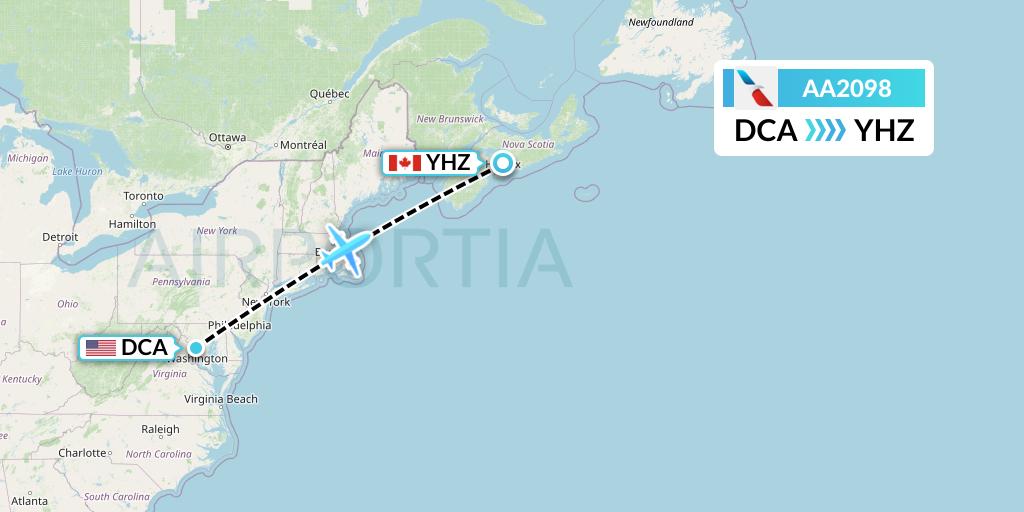AA2098 American Airlines Flight Map: Washington to Halifax