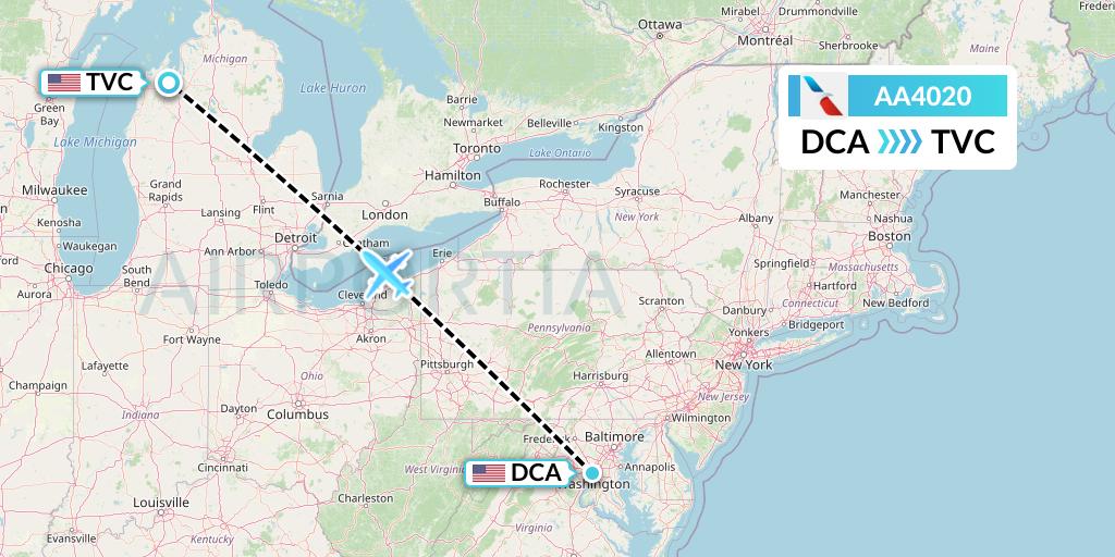 AA4020 American Airlines Flight Map: Washington to Traverse City