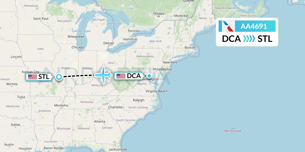AA4691 American Airlines Flight Map: Washington to St. Louis