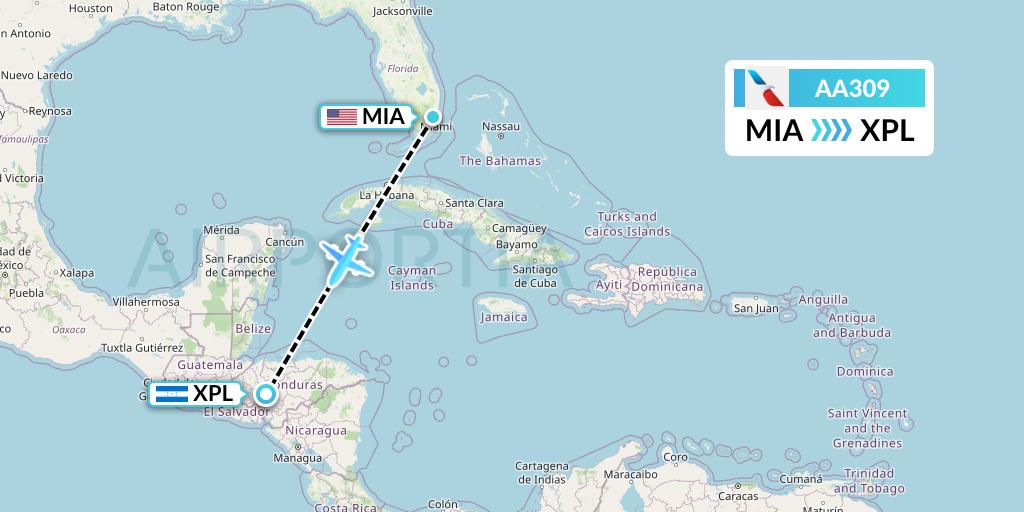 AA309 American Airlines Flight Map: Miami to Comayagua