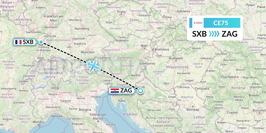 CE75 Chalair Aviation Flight Map: Strasbourg to Zagreb