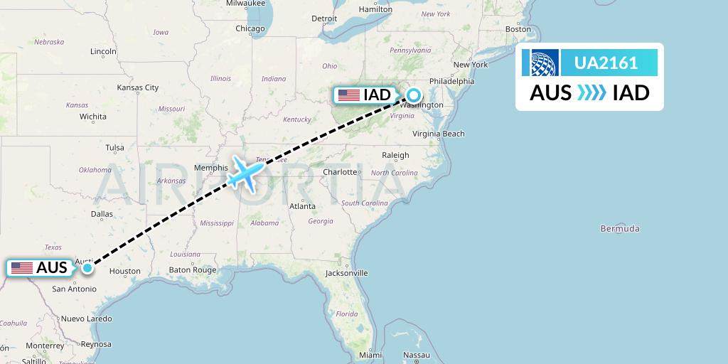 UA2161 United Airlines Flight Map: Austin to Washington