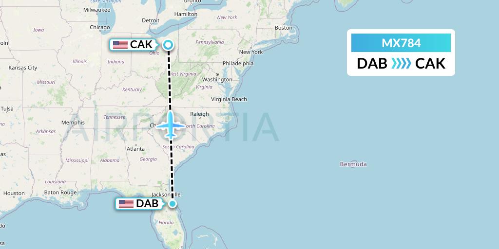 MX784 Breeze Airways Flight Map: Daytona Beach to Akron