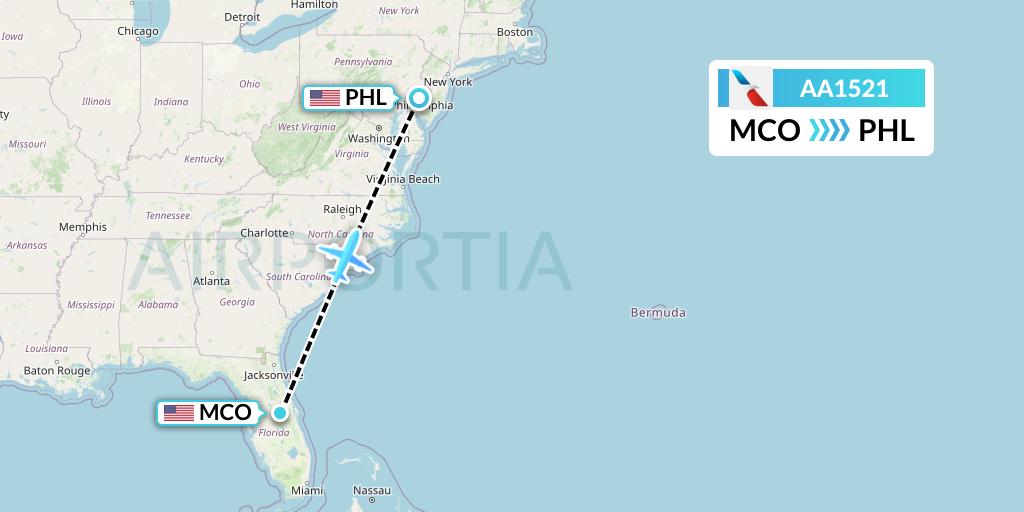 AA1521 American Airlines Flight Map: Orlando to Philadelphia