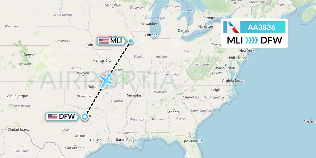AA3836 American Airlines Flight Map: Moline to Dallas