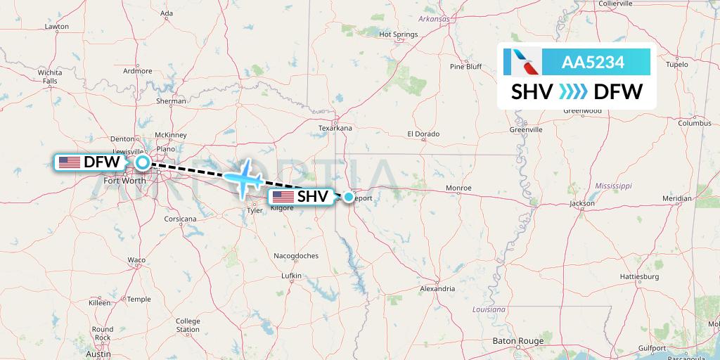 AA5234 American Airlines Flight Map: Shreveport to Dallas