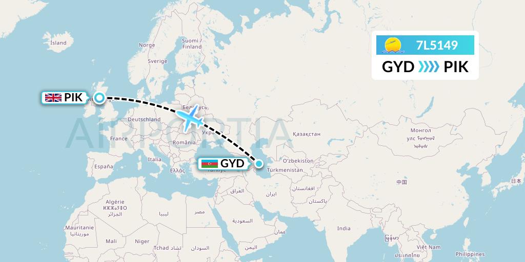 7L5149 Silk Way West Airlines Flight Map: Baku to Prestwick