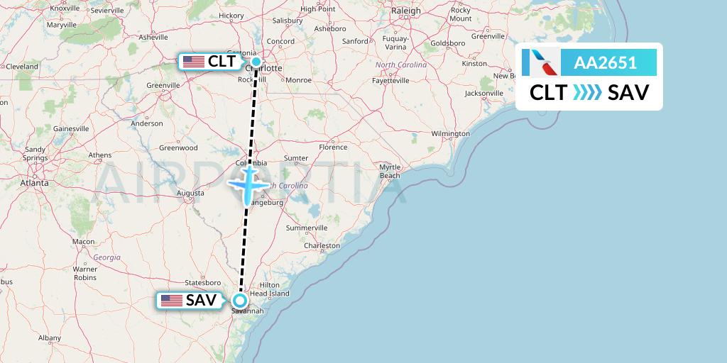 AA2651 American Airlines Flight Map: Charlotte to Savannah