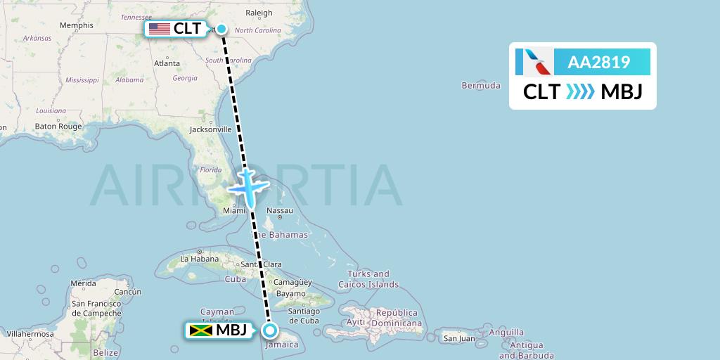AA2819 American Airlines Flight Map: Charlotte to Montego Bay