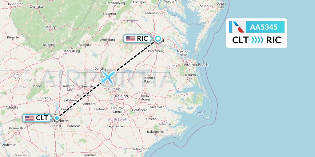 AA5345 American Airlines Flight Map: Charlotte to Richmond