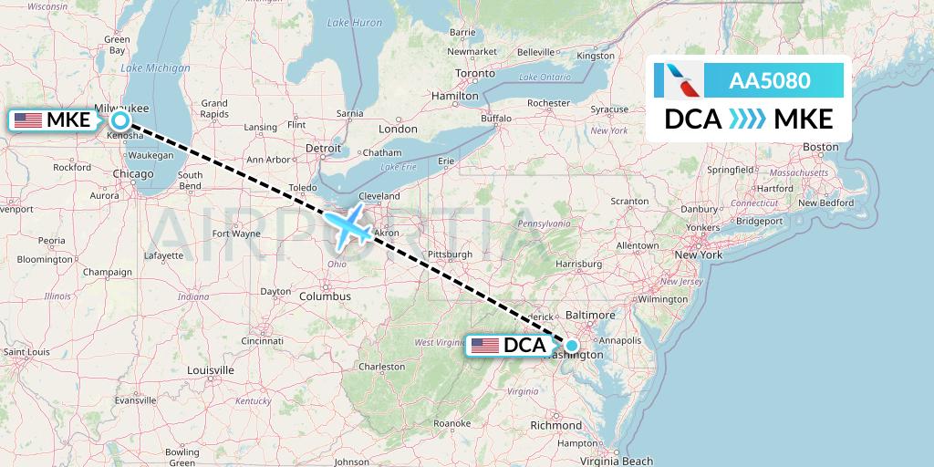AA5080 American Airlines Flight Map: Washington to Milwaukee