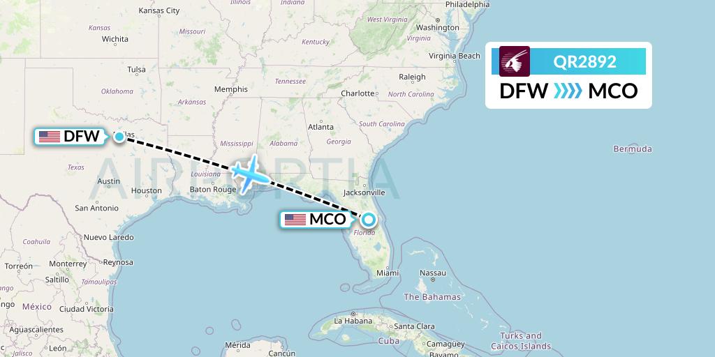 QR2892 Qatar Airways Flight Map: Dallas to Orlando