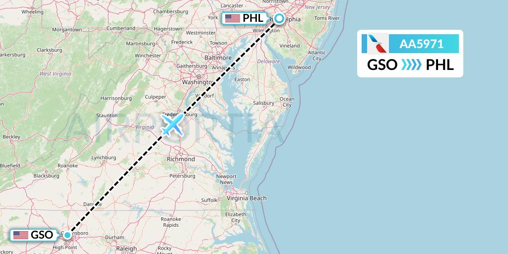 AA5971 American Airlines Flight Map: Greensboro to Philadelphia