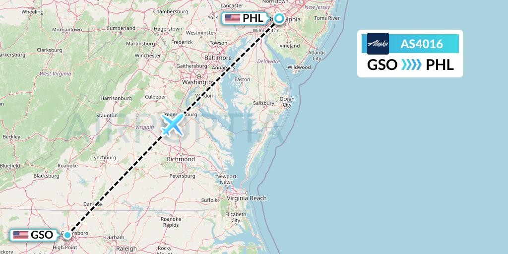 AS4016 Alaska Airlines Flight Map: Greensboro to Philadelphia