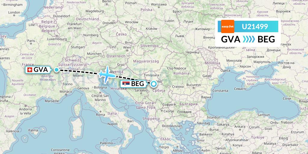 U21499 EasyJet Flight Map: Geneva to Belgrade