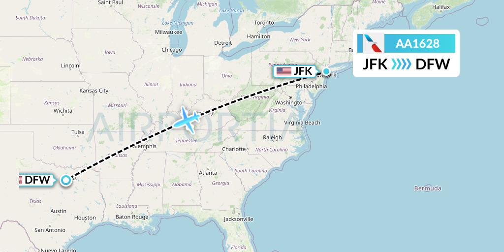AA1628 American Airlines Flight Map: New York to Dallas