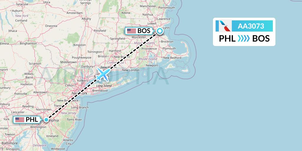 AA3073 American Airlines Flight Map: Philadelphia to Boston