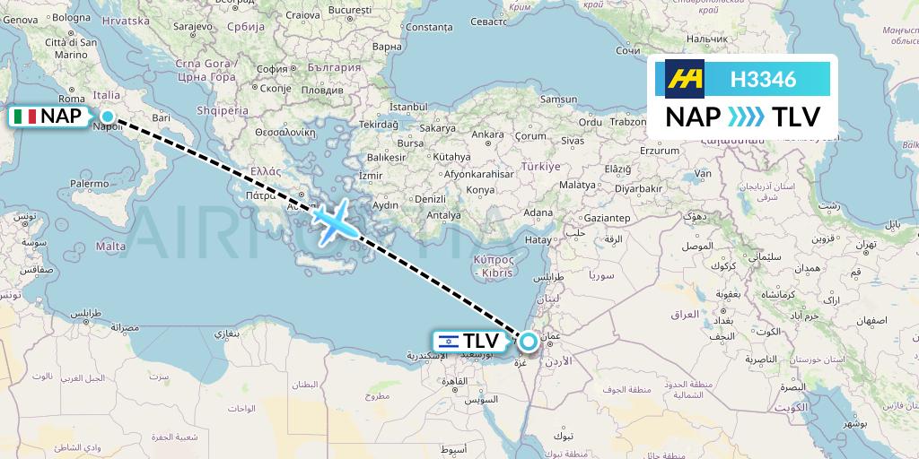 H3346 Harbour Air Flight Map: Naples to Tel Aviv