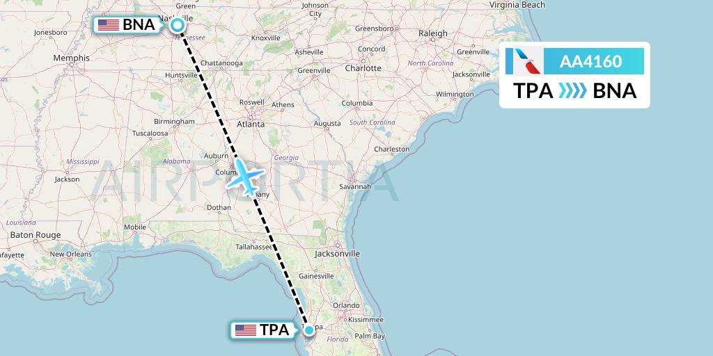 AA4160 American Airlines Flight Map: Tampa to Nashville