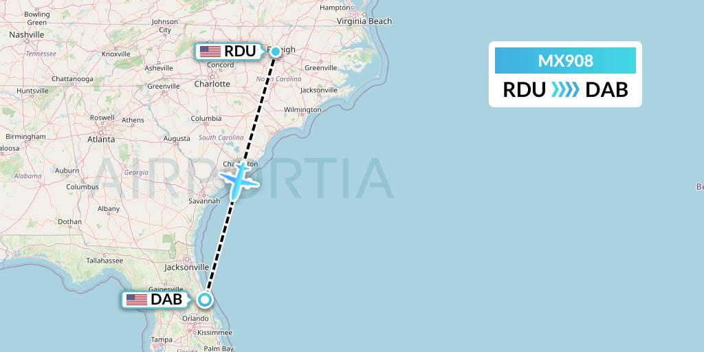 MX908 Breeze Airways Flight Map: Raleigh-Durham to Daytona Beach