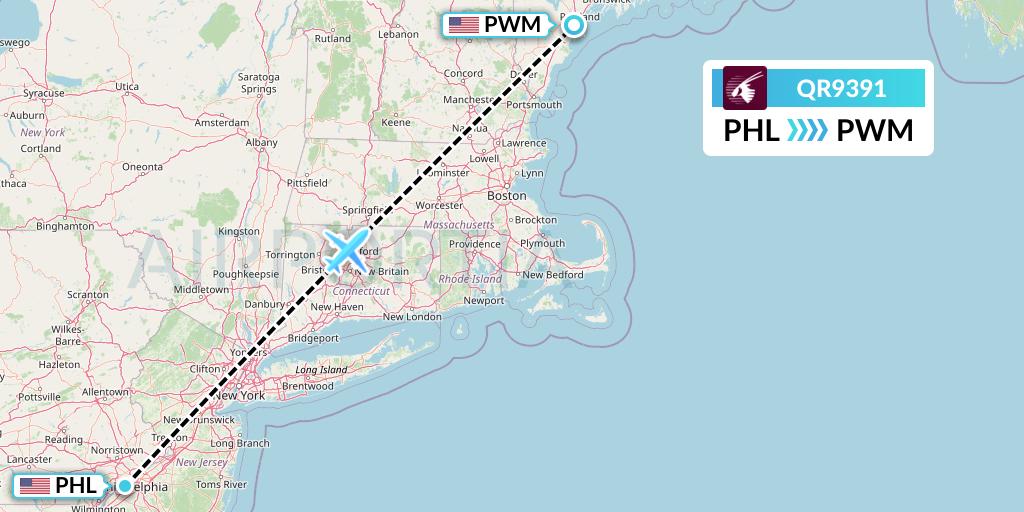 QR9391 Qatar Airways Flight Map: Philadelphia to Portland