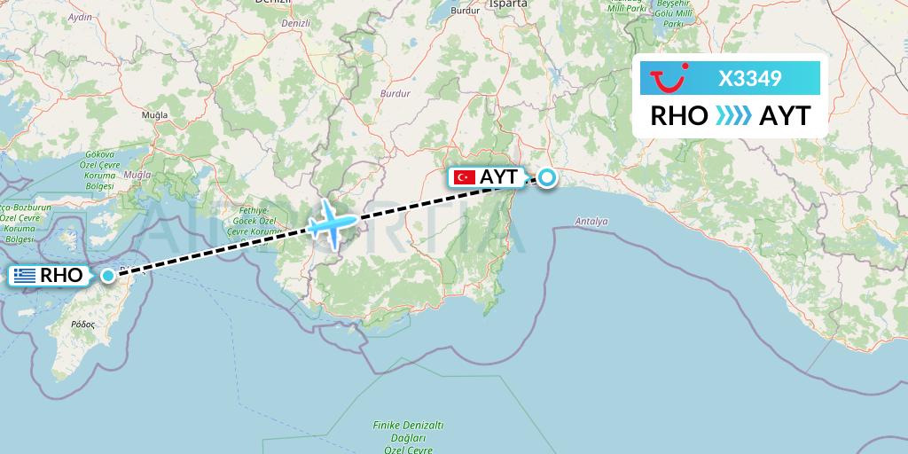 X3349 TUI fly Germany Flight Map: Rhodes to Antalya