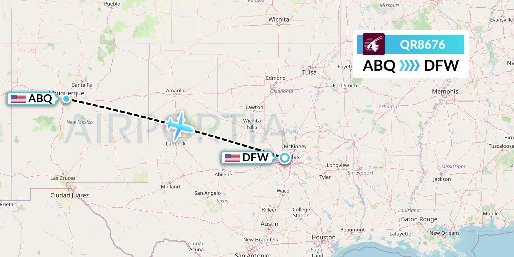 QR8676 Qatar Airways Flight Map: Albuquerque to Dallas