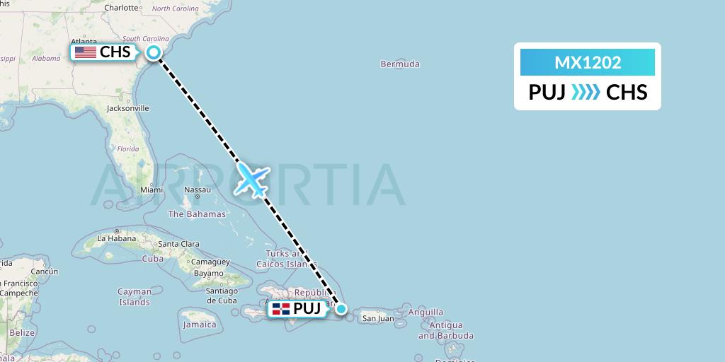 MX1202 Breeze Airways Flight Map: Punta Cana to Charleston