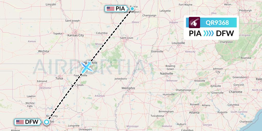 QR9368 Qatar Airways Flight Map: Peoria to Dallas