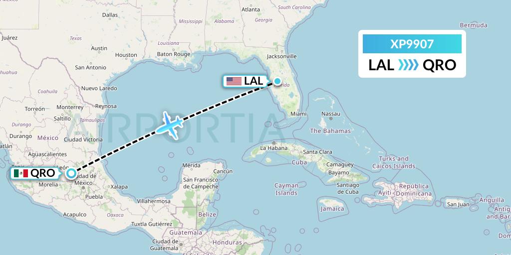 XP9907 Avelo Airlines Flight Map: Lakeland to Queretaro
